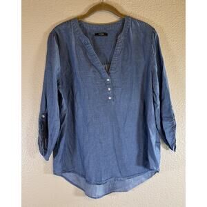 NYDJ Women's Chambray Medium Roll-Tab Sleeve Blouse V Neck